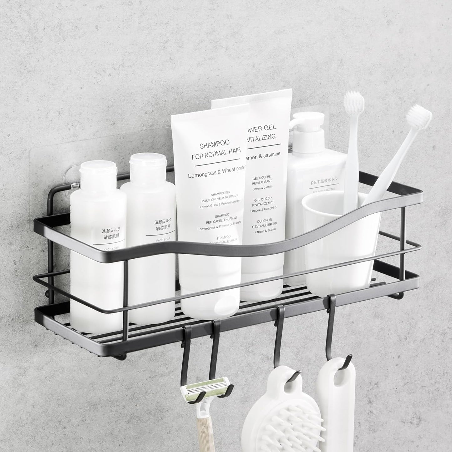 Iron Shower Caddies - Self Adhesive Bathroom Shelves for Showers - Wall Organizer Shampoo Holder Shelf - Peel and Stick on Caddy Bath Tub Rack - Pack of 2 Holders - Black