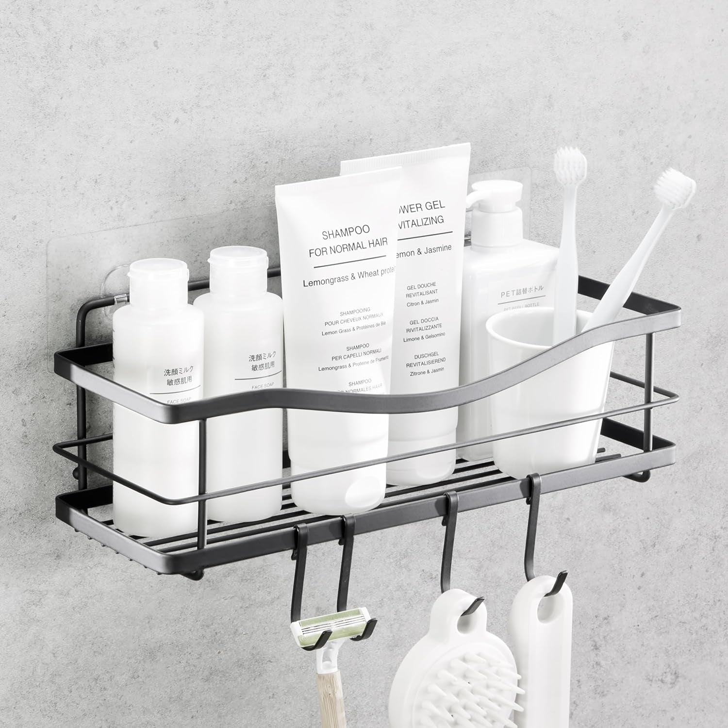 Iron Shower Caddies - Self Adhesive Bathroom Shelves for Showers - Wall Organizer Shampoo Holder Shelf - Peel and Stick on Caddy Bath Tub Rack - Pack of 2 Holders - Black
