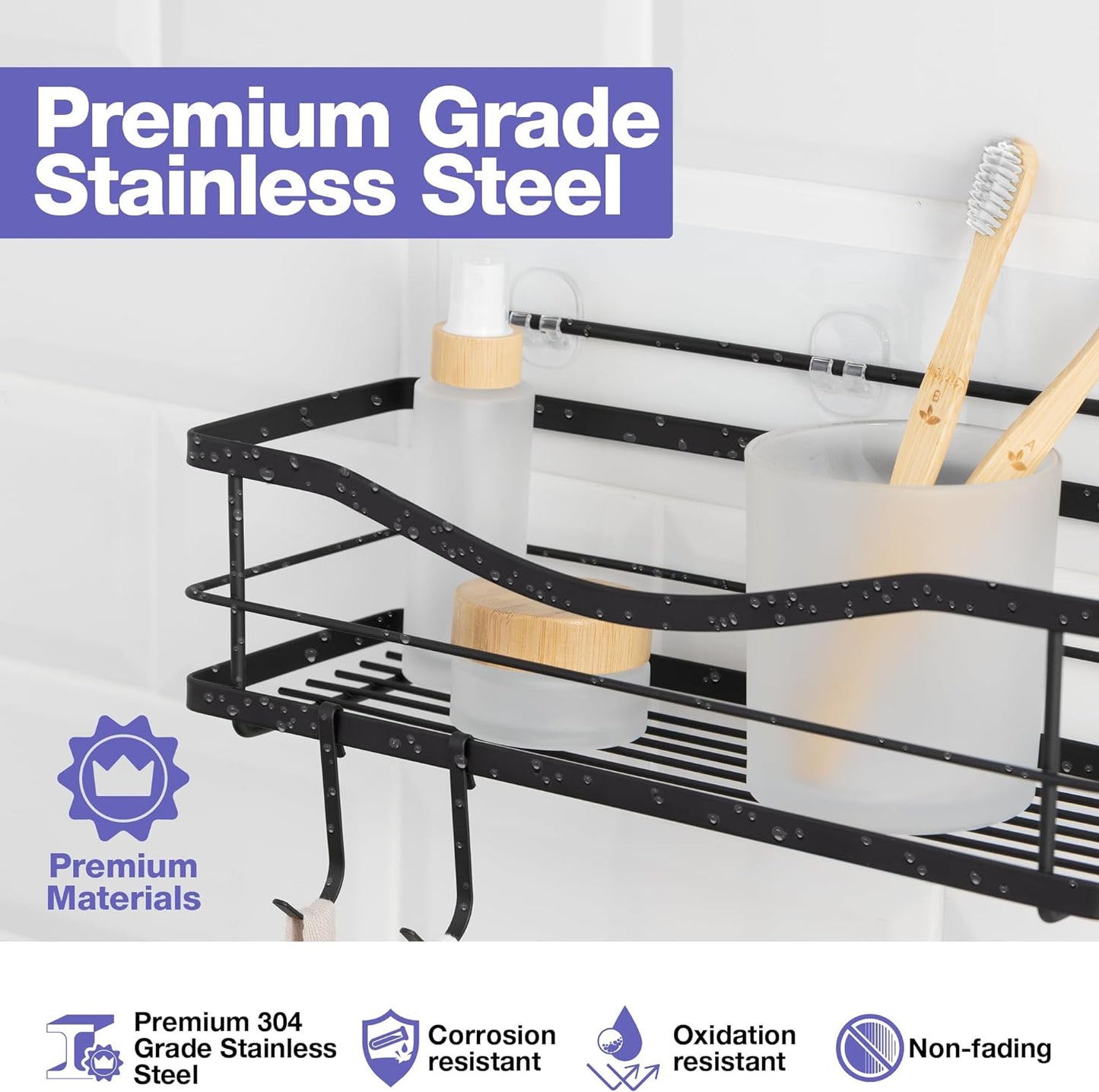 Iron Shower Caddies - Self Adhesive Bathroom Shelves for Showers - Wall Organizer Shampoo Holder Shelf - Peel and Stick on Caddy Bath Tub Rack - Pack of 2 Holders - Black
