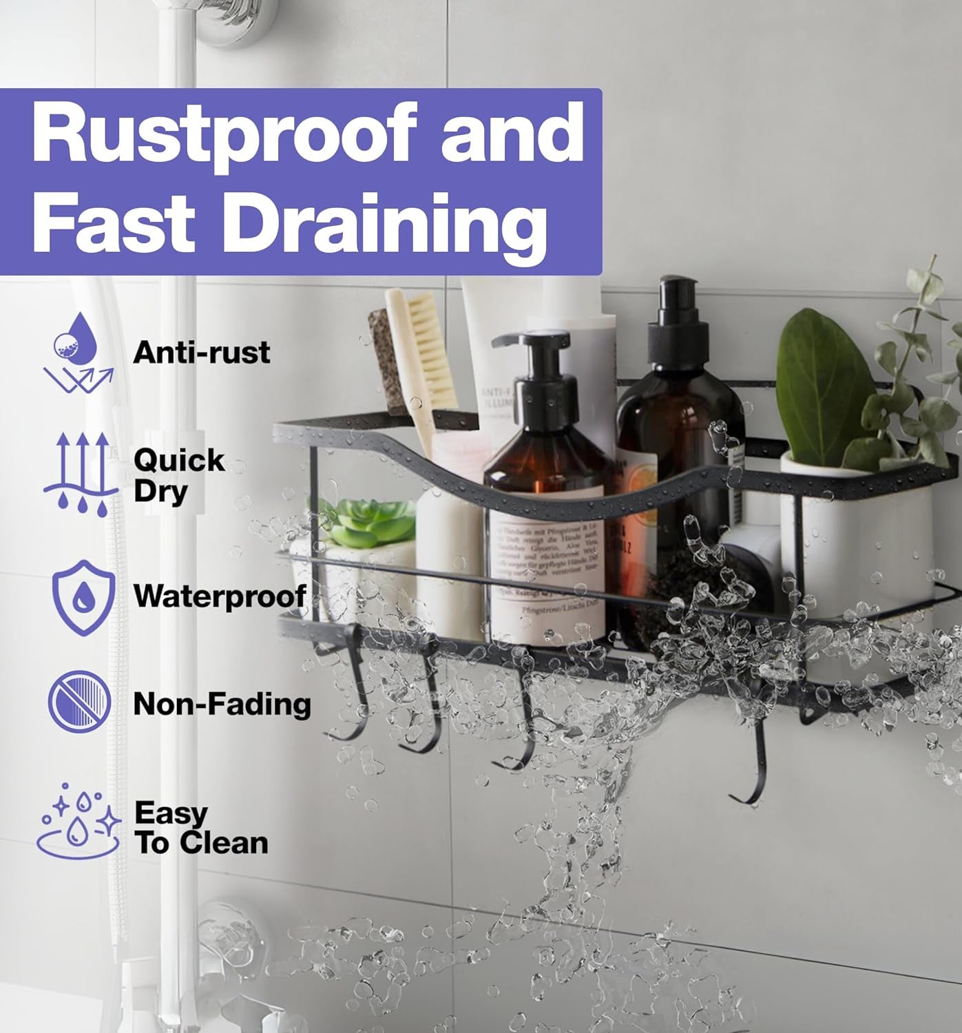 Iron Shower Caddies - Self Adhesive Bathroom Shelves for Showers - Wall Organizer Shampoo Holder Shelf - Peel and Stick on Caddy Bath Tub Rack - Pack of 2 Holders - Black