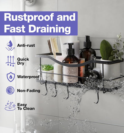 Iron Shower Caddies - Self Adhesive Bathroom Shelves for Showers - Wall Organizer Shampoo Holder Shelf - Peel and Stick on Caddy Bath Tub Rack - Pack of 2 Holders - Black