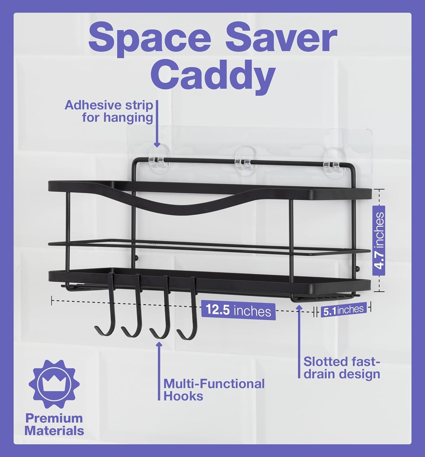 Iron Shower Caddies - Self Adhesive Bathroom Shelves for Showers - Wall Organizer Shampoo Holder Shelf - Peel and Stick on Caddy Bath Tub Rack - Pack of 2 Holders - Black