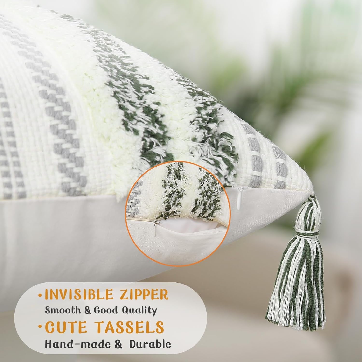 Summer Decorative Boho Throw Pillow Cover 12X20, Lumbar Accent Neutral Textured Tufted Pillow Cover Striped for Couch Bed Sofa, Green and Cream White, Pack of 1